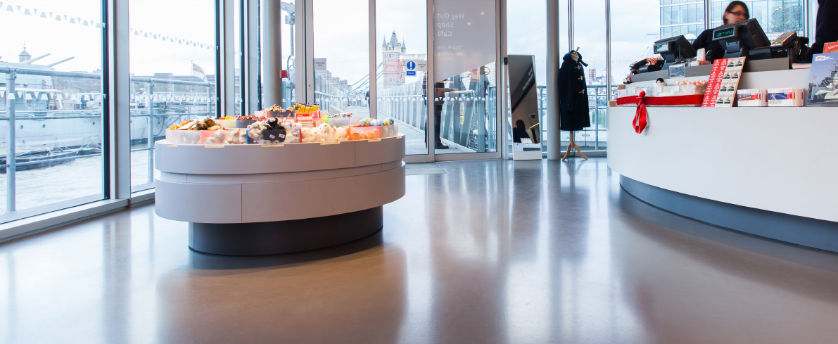 Anti-slip resin flooring in motion slate in HMS Belfast gift shop