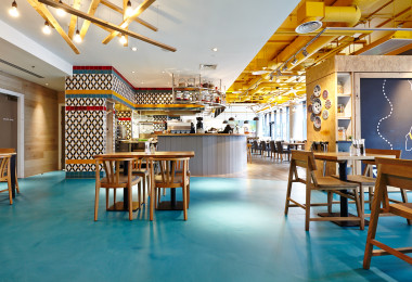 Blue anti-slip resin floor in a Hilton restaurant 