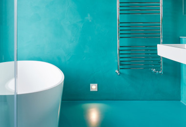 Turquoise resin bathroom wall finish